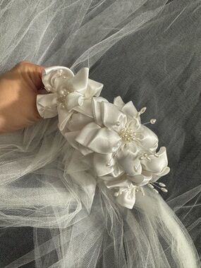 Elegant White Satin Floral Headband with Pearl Accents